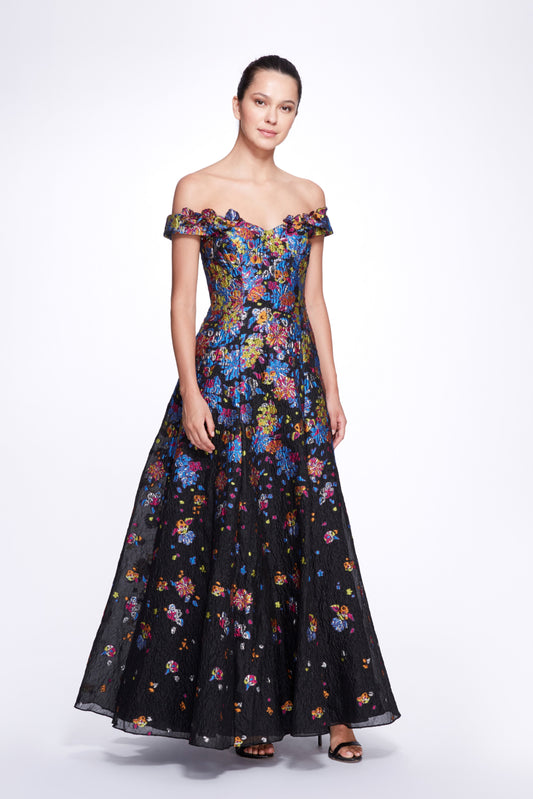 Off the Shoulder Multicolor Fils Coupé  Gown