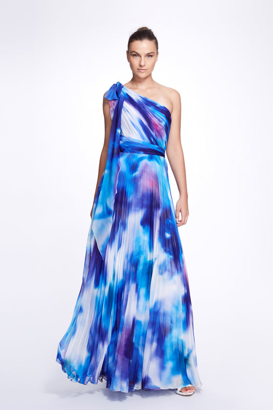 One Shoulder Printed Chiffon Pleated  Gown