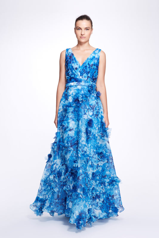 Sleeveless V Neck Printed Organza  Gown