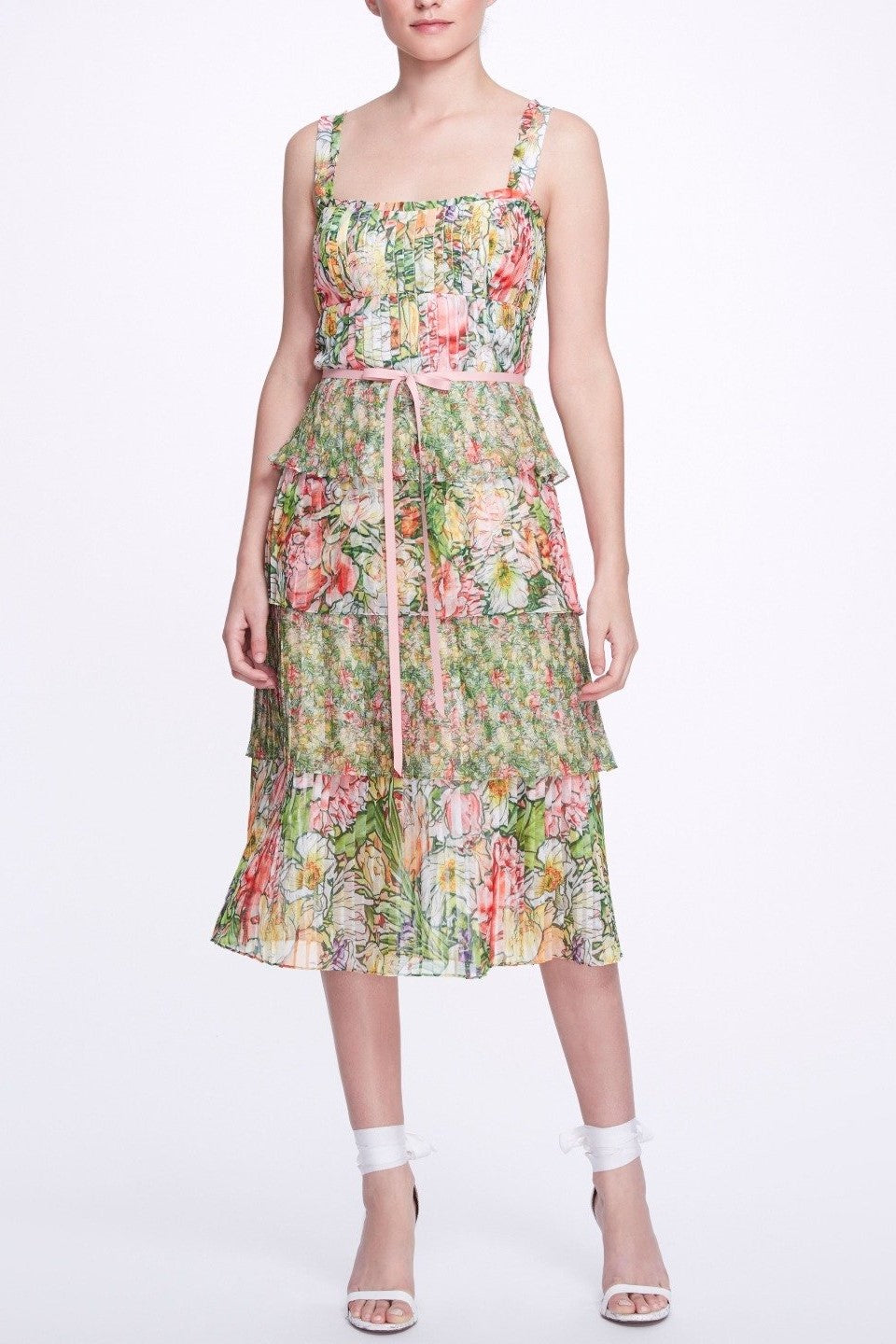 Tie Waist Tiered Ruffle Midi  Dress
