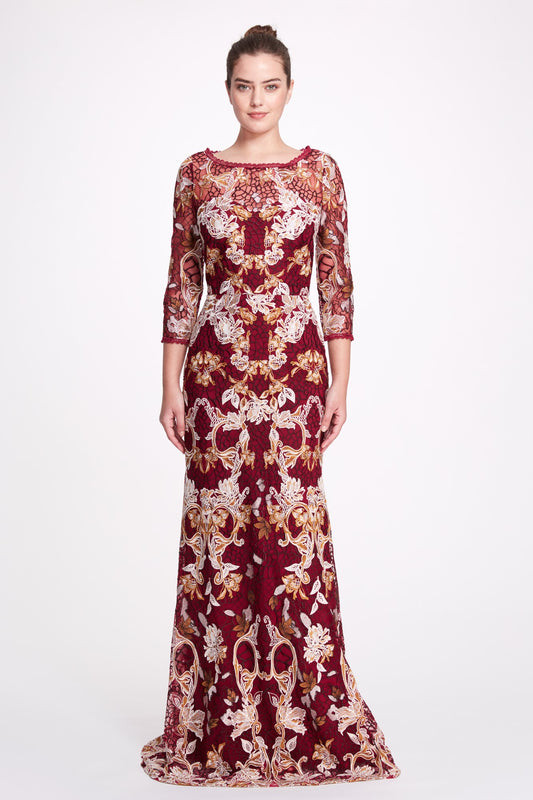 ¾ Sleeve Embroidered Guipure  Gown