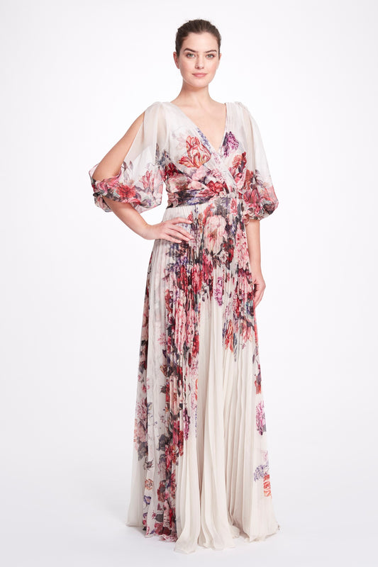 ¾ Slit Sleeve  Printed Chiffon Gown