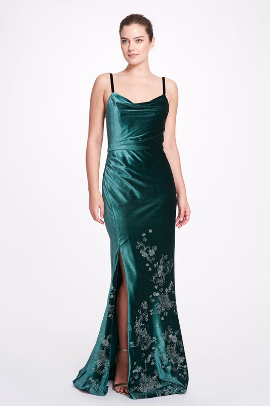 Sleeveless Embroidered Velvet  Gown