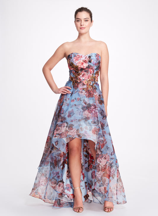 Strapless Printed Organza Hi-Lo Gown