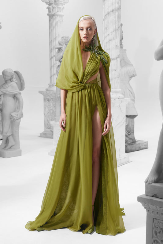 Hooded Pleated Cutout Gown