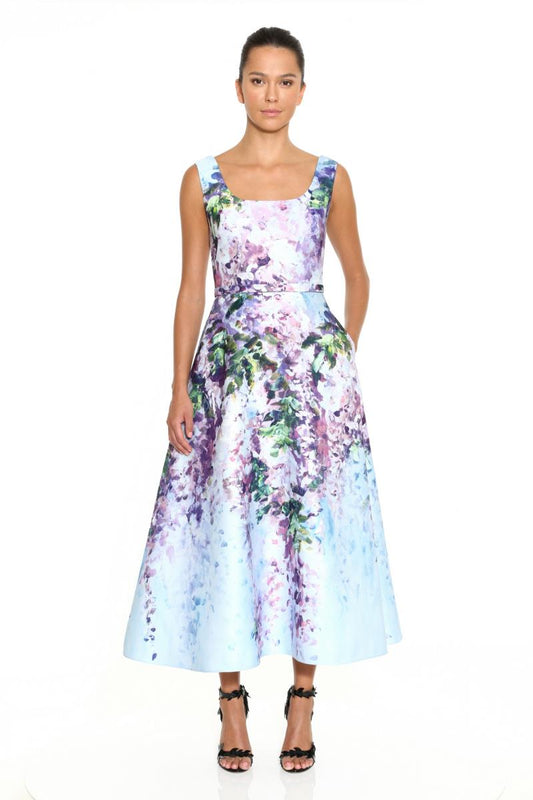 Sleeveless Printed Duchess Satin Tea-Length  Gown