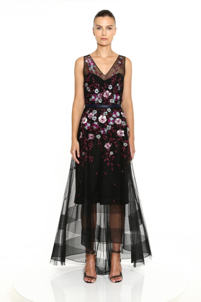 Sleeveless V-Neck Embroidered Hi-Lo Gown