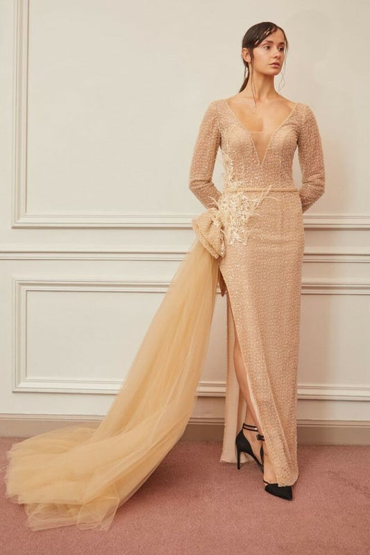 Long Sleeve Scoop /Neck Slit Gown