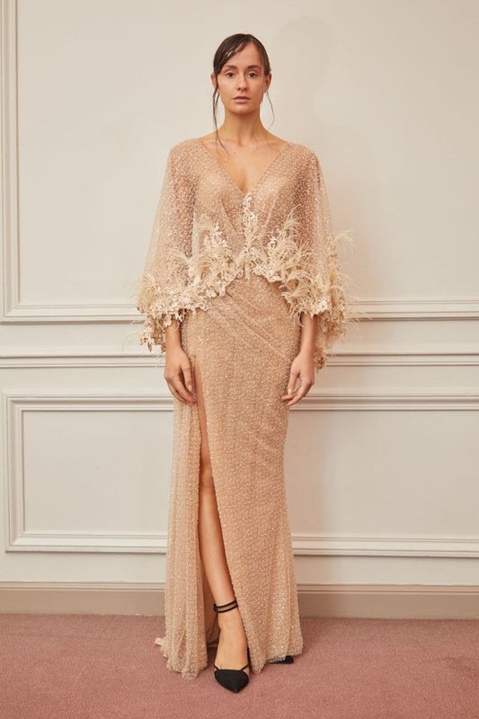 V Neck ¾ Sleeve Slit Gown