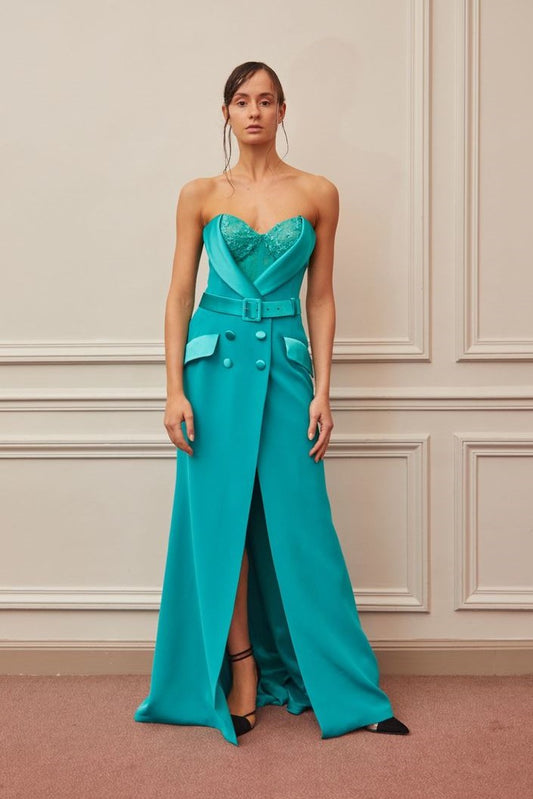 Belted Sweetheart Neck Slit Gown