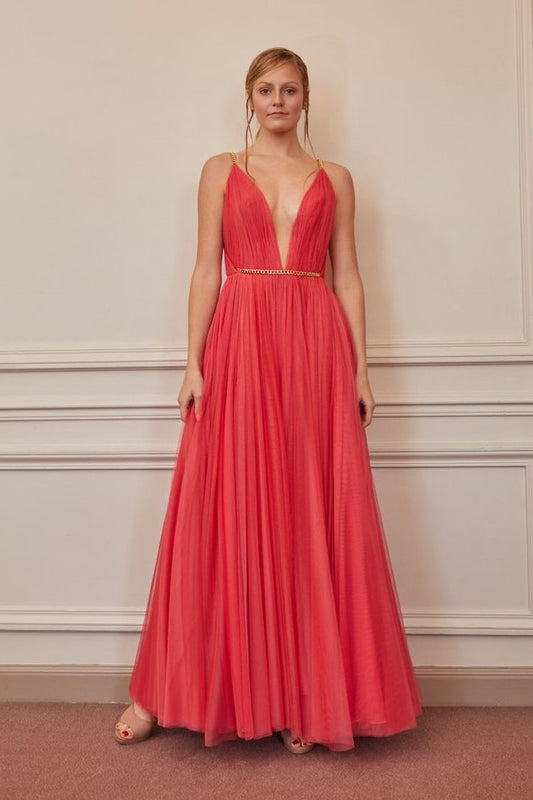 Chain Strap Pleated Gown