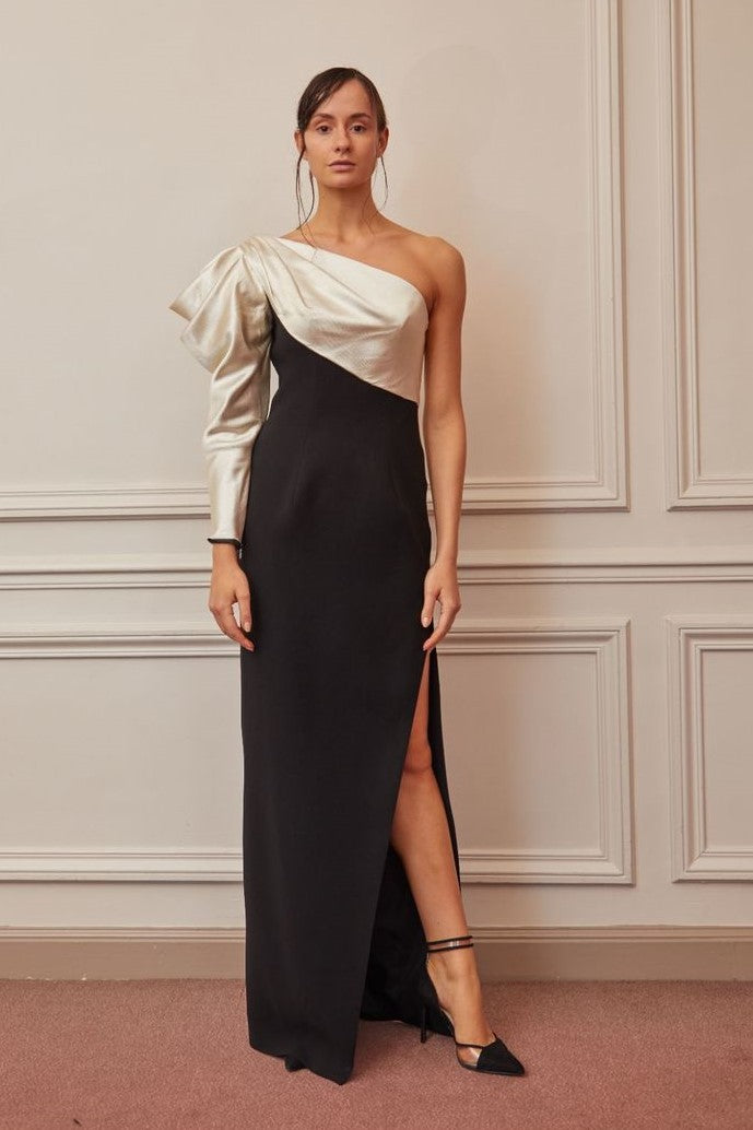 Rosette Sleeve Slit Gown
