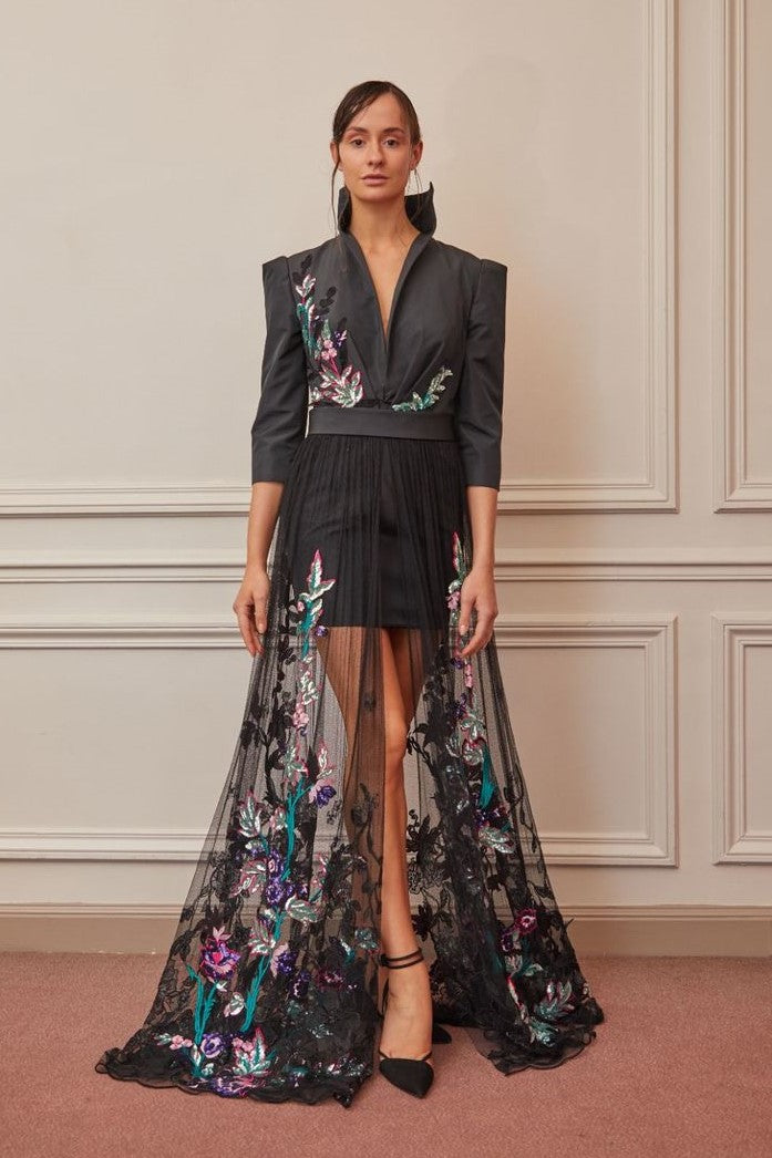 Collared ¾ Sleeve Slit Gown