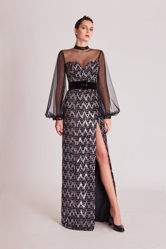 Long Sleeve Embellished Illusion Slit Gown