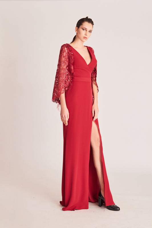 Deep V-Neck ? Cape Sleeve Slit Gown