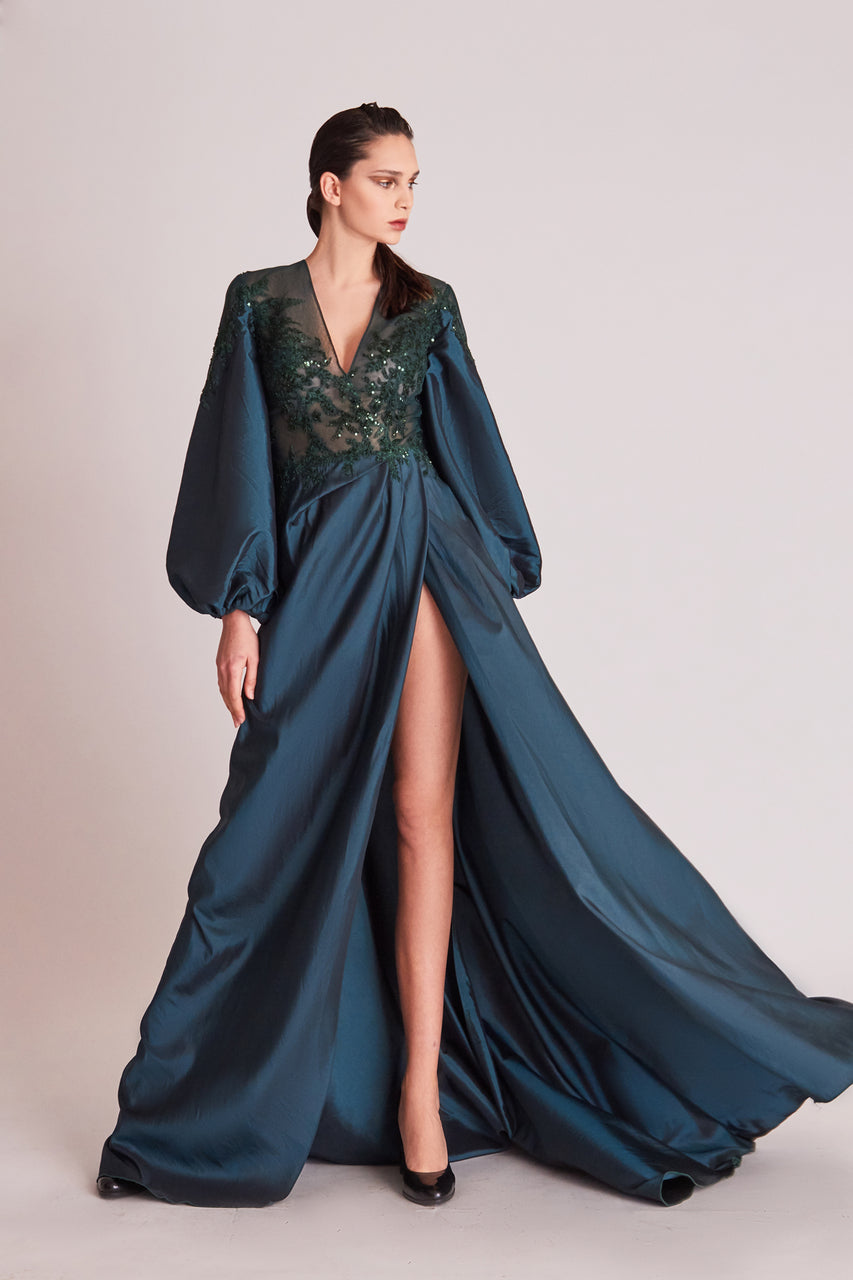 Balloon Long Sleeve A-Line Slit Gown
