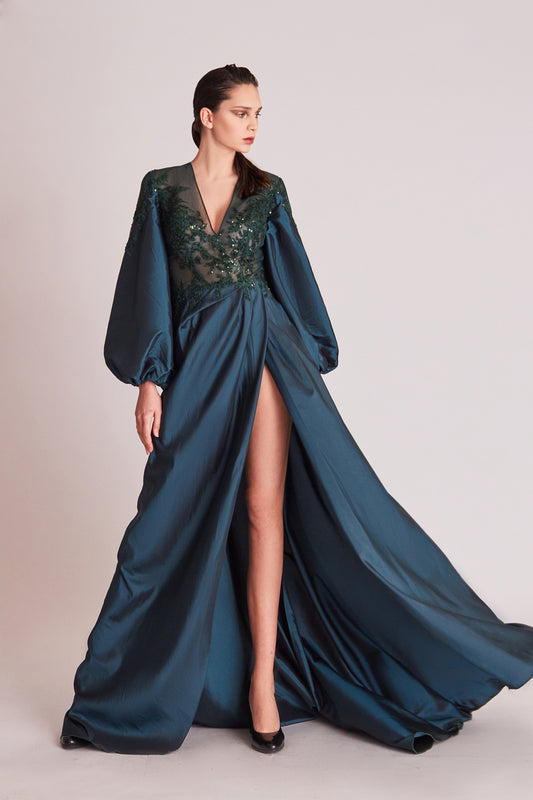 Balloon Long Sleeve A-Line Slit Gown
