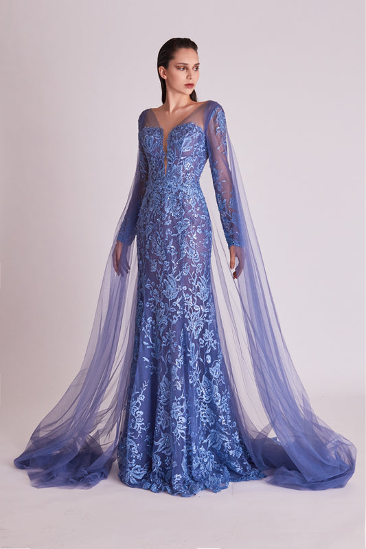 V-Neck Cape Sleeve Gown