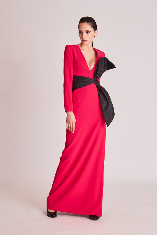 Deep V-Neck Long Sleeve Slit Gown