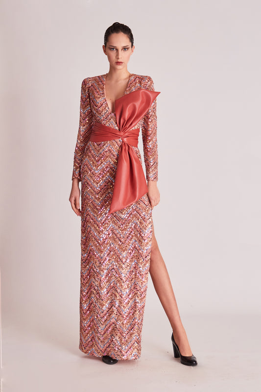 Deep V-Neck Long Sleeve Sequin Slit Gown