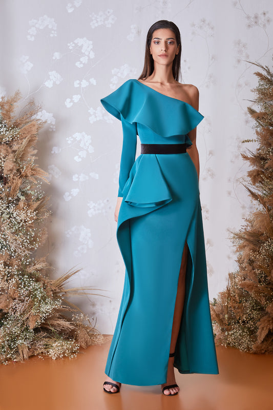 Ruffled One Shoulder  Slit Gown