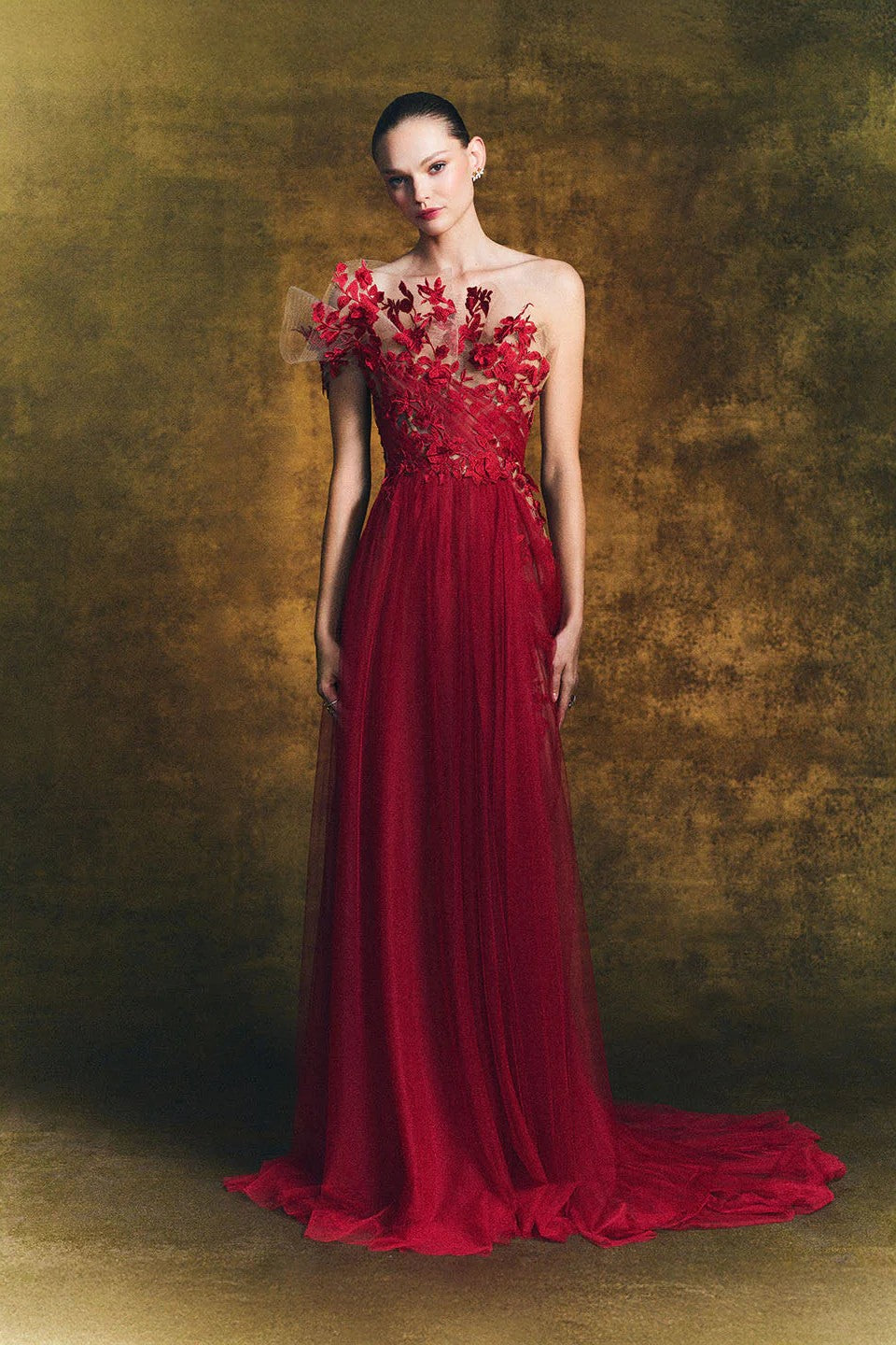 Strapless Floral Thread Gown