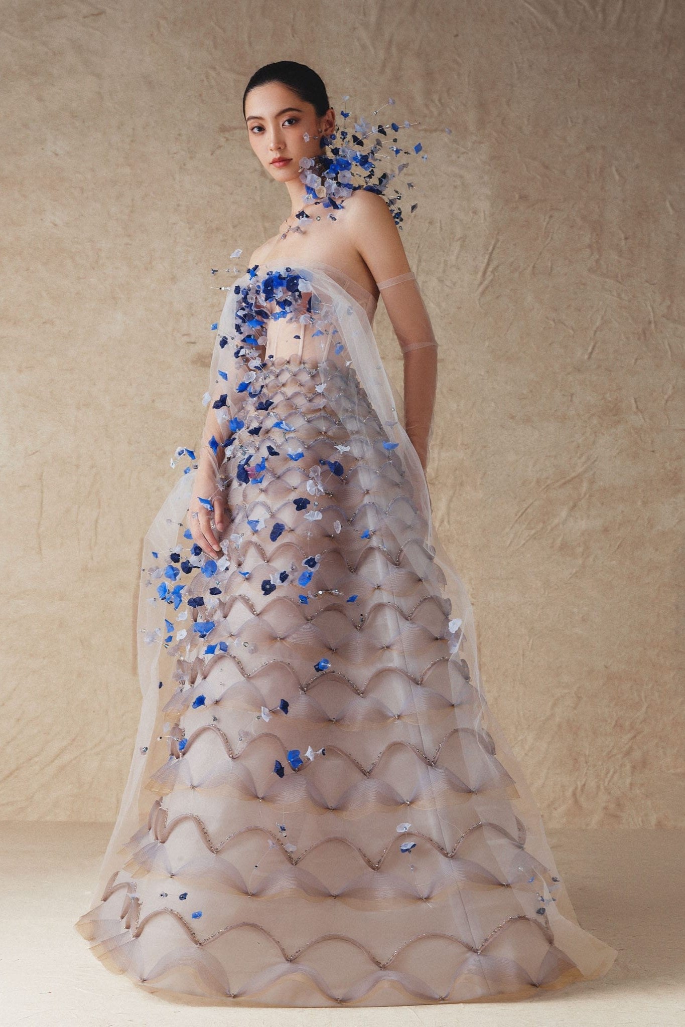 Mesh Top A-Line Gown with Flowers Beads