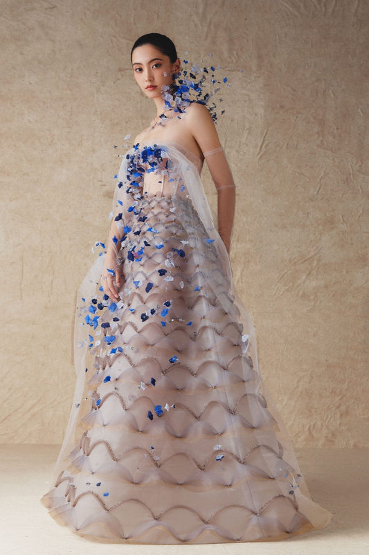 Mesh Top A-Line Gown with Flowers Beads