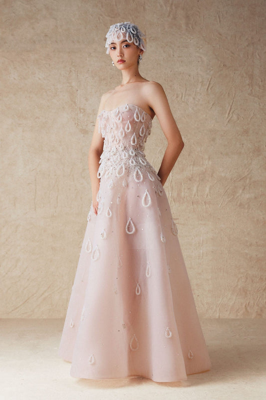 Sheer Tulle Gown with Attached Water Drops