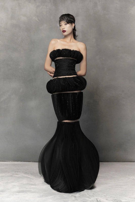 Sculpted Strapless Sheer-Cut Gown