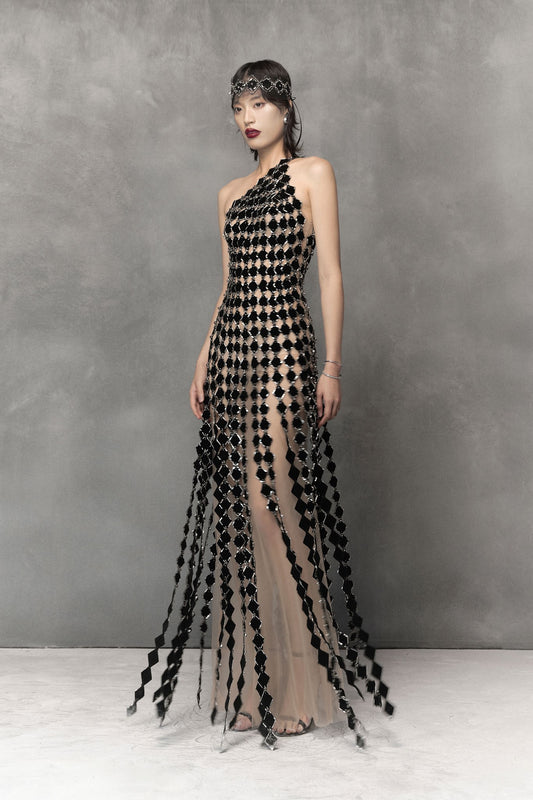 Sheer Tulle Gown with Velvet Fabric Cuts