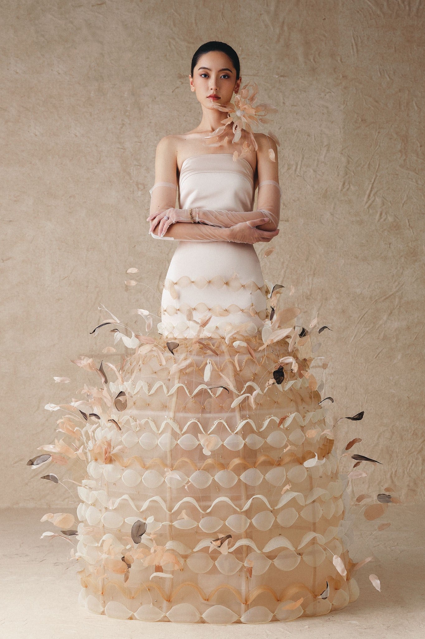 Taffeta Gown with Bird Cage and Flower Beads