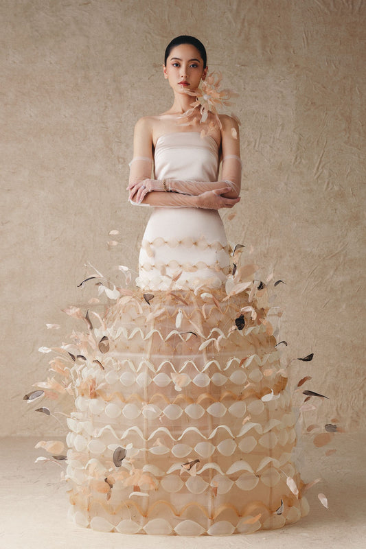 Taffeta Gown with Bird Cage and Flower Beads