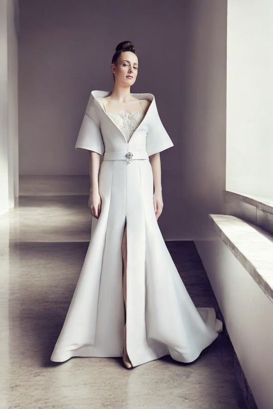 Short Sleeve Ivory A-Line Slit Gown