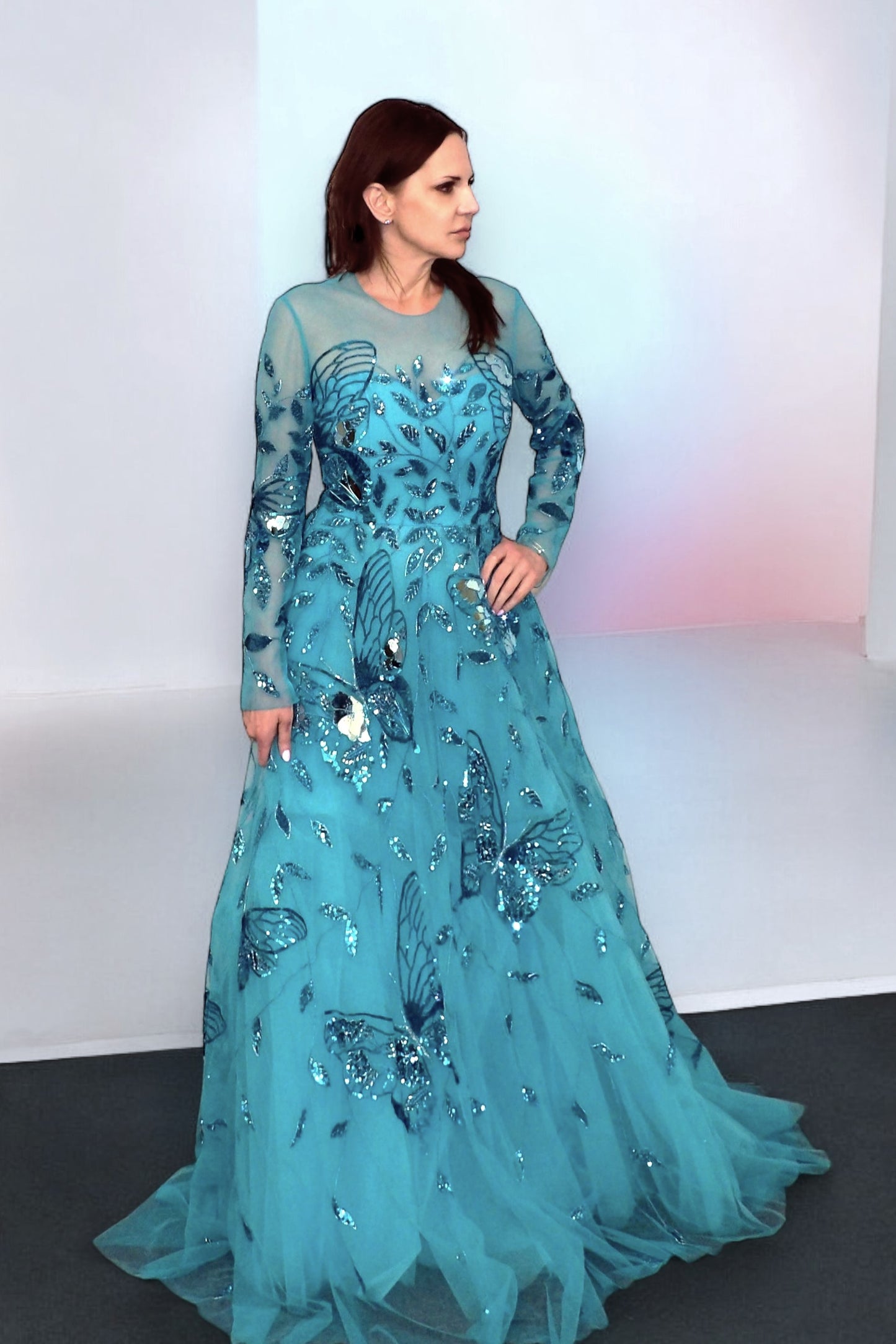 Beaded Tulle Long  Sleeve Gown