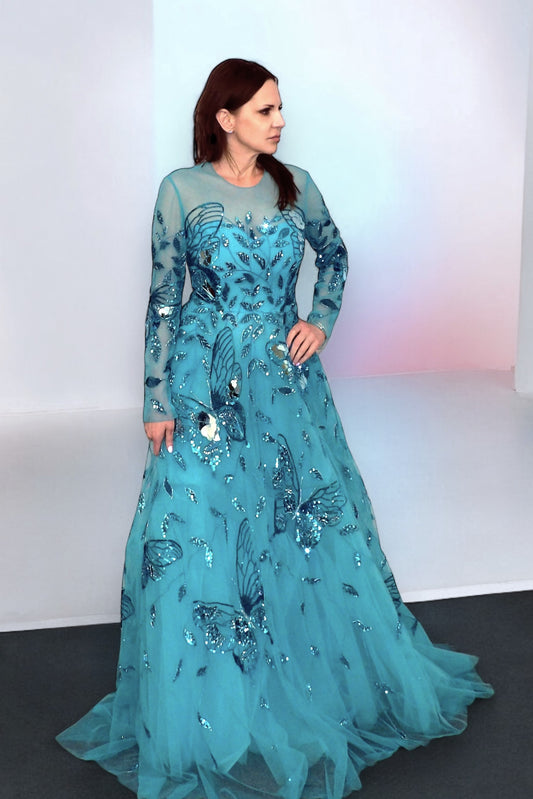 Beaded Tulle Long  Sleeve Gown