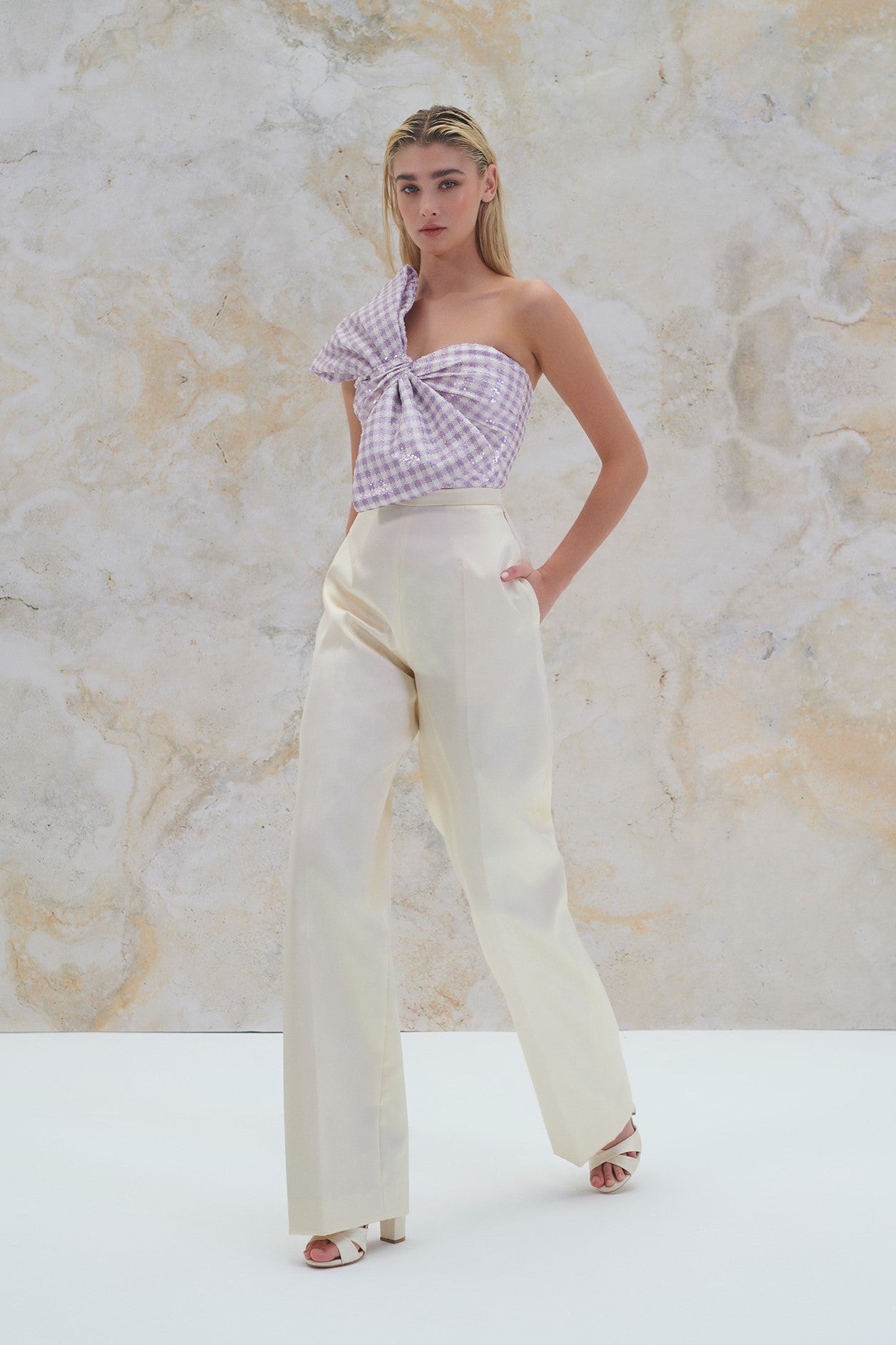 Plaid-Patterned Bow Top and Trousers