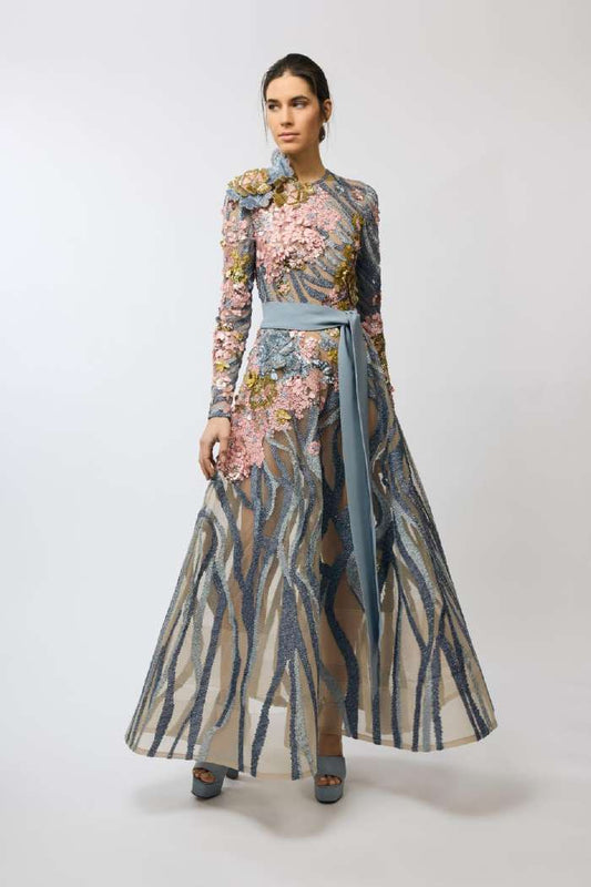 Long Sleeve Embroidered Tulle Midi Dress