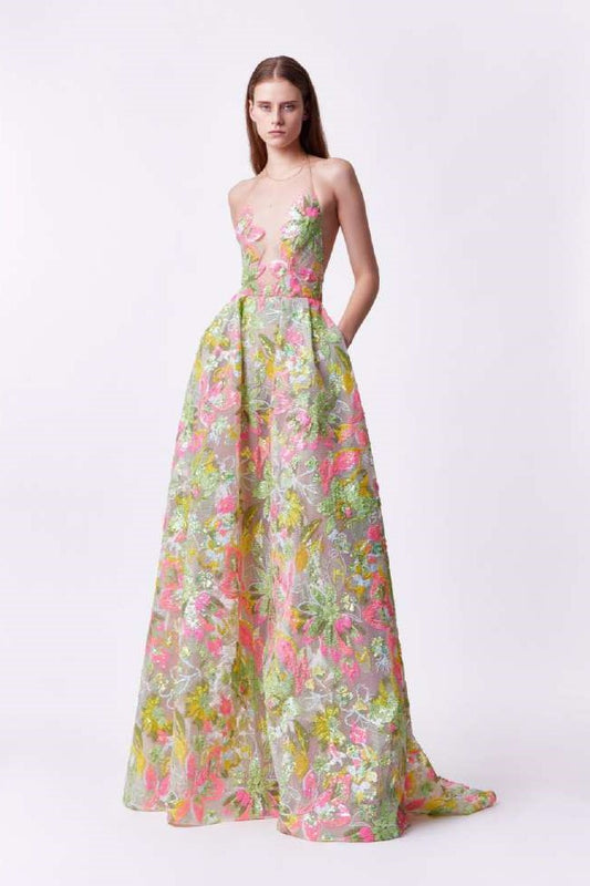 Embroidered Tulle Illusion Neck Gown