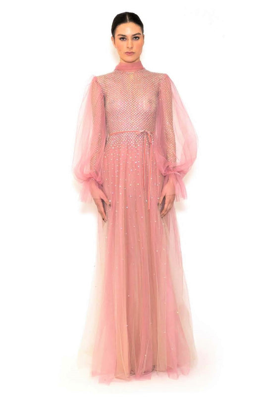 High Neck Embroidered Long Sleeve Gown