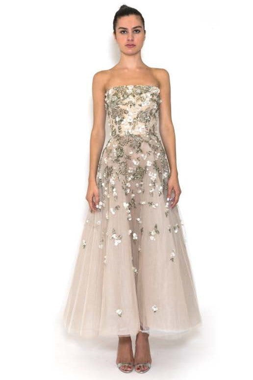 Embroidered Strapless Tea Length Gown