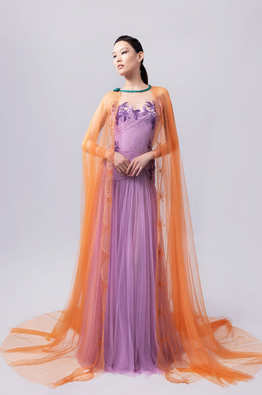 Tulle Gown with Long Cape