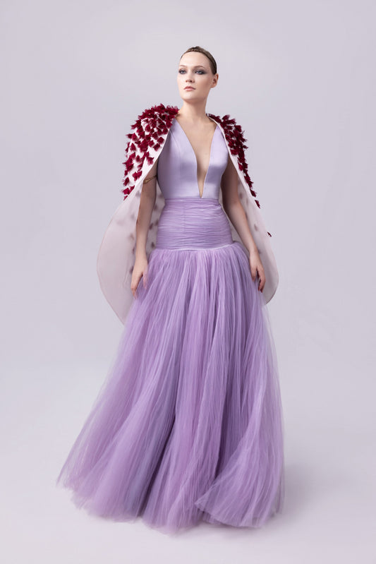Crepe and Tulle Gown with Cape