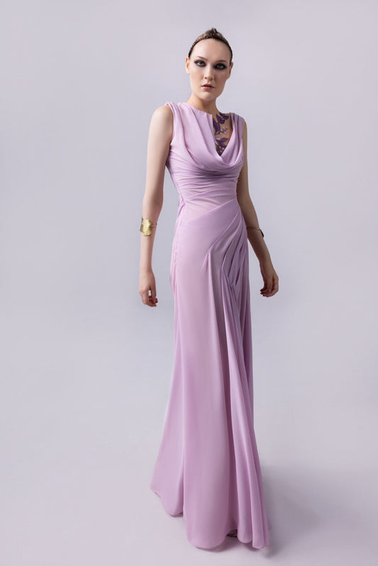 Draped Crepe Open Back Gown