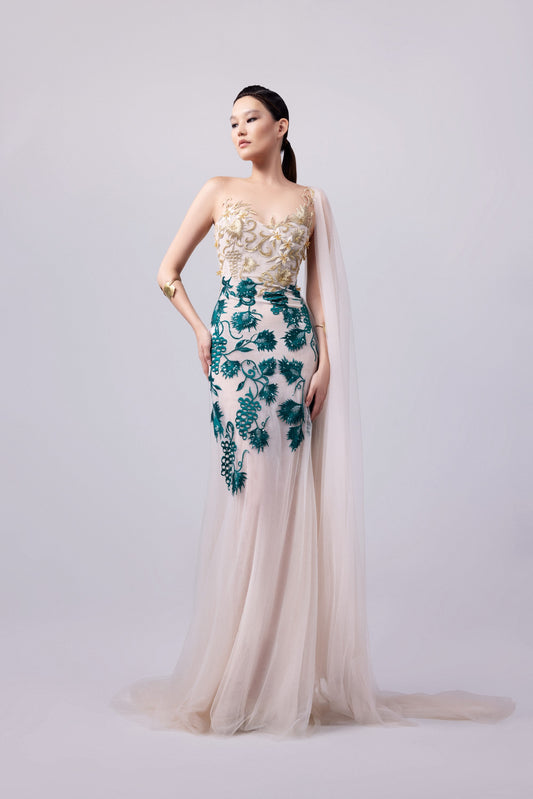 Hand Embroidered Tulle Gown
