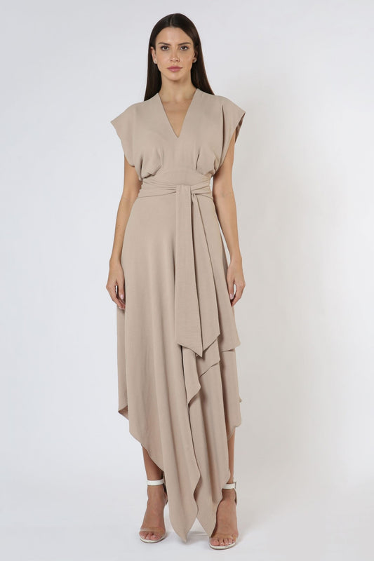 Beige Draped Midi Dress