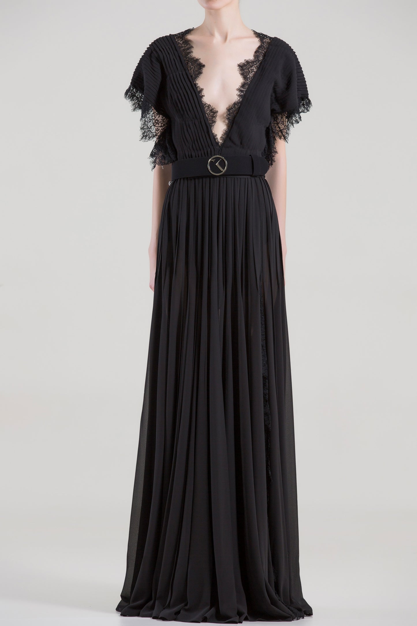 Plunging Neck Belted Gown