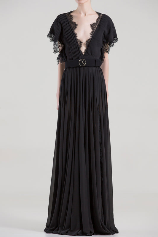 Plunging Neck Belted Gown
