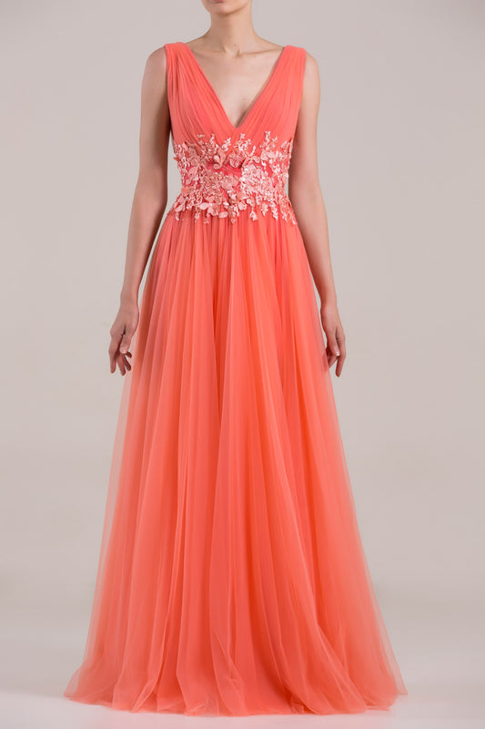 Pleated Sleeveless V-Neck Gown