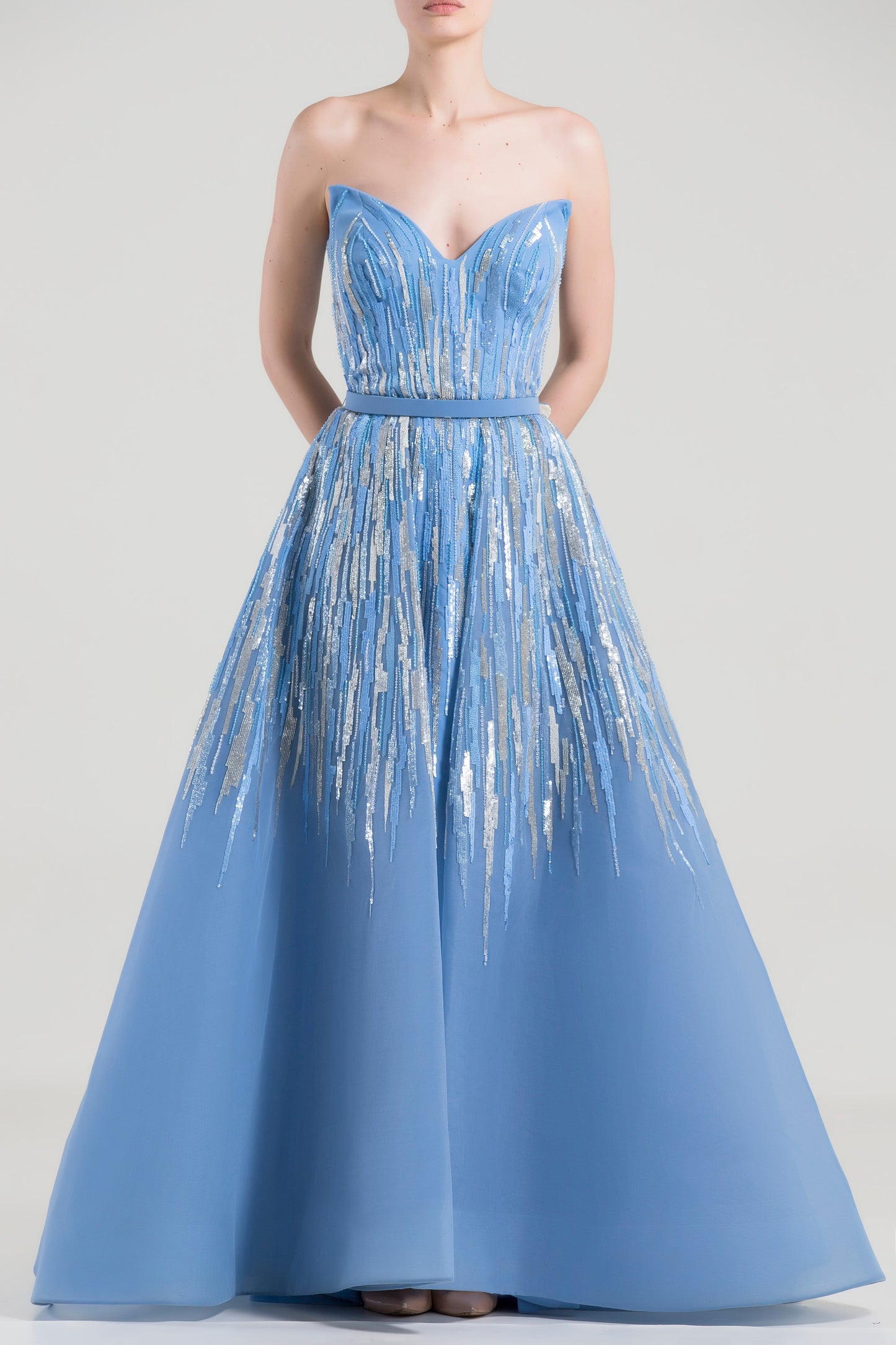 Strapless Sequin Belted A-Line Gown